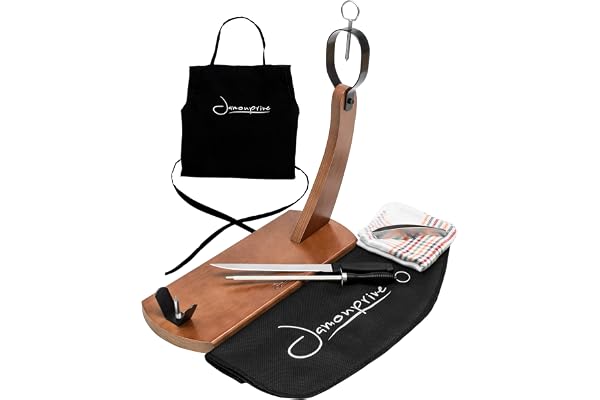 Jamonprive Support à Jambon Professionnel Laqué avec Couteau + Fusil à Aiguiser + Couvre Jambon + Torchon + Tablier + Pinces - Porte-Jambon Idéal pour le Jambon Serrano, Ibérique et le Prosciutto