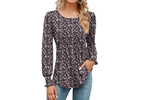 Rapbin Women's Long Sleeve Tops Fall Puff Tunic Tops Pleated Crew Neck T-Shirts Casual Loose Blouses with Smocked Cuffs