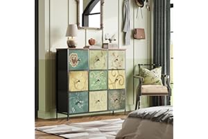 BPKADHY Cómoda con 9 cajones de tela, aparador con tablero de madera, cajones de tela, estructura de metal, organizador de cajones de tela vintage, armario de comodas para cocina, oficina o pasillo (9