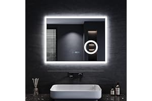 SONNI Espejo de Baño con Iluminación 80 x 60 cm LED Antiniebla Espejo de Baño con Interruptor Táctil Espejo Montado en La Pared Temperatura del Reloj 3 Veces Amplificada