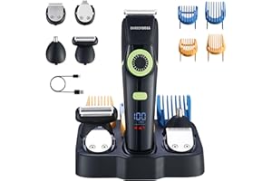 BarberBoss Cortapelos para hombre, kit de cuidado de barba, recortador de vello de orejas y nariz, dial de precisión, cuchilla de cerámica, 4 peines guía, resistente al agua, pantalla LED