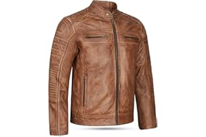 Leatherick Giacca da motociclista in vera pelle dall'aspetto invecchiato marrone chiaro, marrone invecchiato