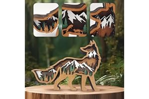 Drawelry 3D Holz Tiere Schnitzerei Skulpturen Ornament, Mehrschichtig Holz Synthese Wald Tier Gravur Regal Statuen Handwerk für Home Büro Desktop Weihnachten Neujahr Festival Dekor (Fuchs)