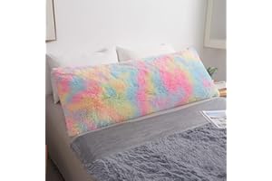 MEGO Rainbow Print Fluffy Body Pillow Cover, 21x54 Shaggy Faux Fur Body Pillow Case, Tie Dye Soft Plush Fuzzy Body Pillowcase, Furry Long Bed Pillow with Zipper for Kids Girls Children Women Rainbow