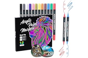 Sonlaryin Acrylic Paint Pens, 12 Colours Dual Tip Acrylic Paint Markers for Rock Painting, Stone, Ceramic, Glass, Wood, Fabric, Canvas, Porcelain, Acrylic Pens for Christmas Easter Egg Pumpkin