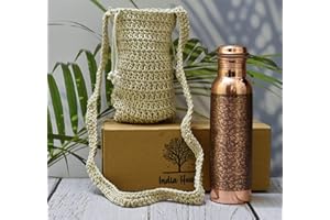 India House handgefertigte, vollständig gravierte Flasche aus 100% reinem Kupfer mit Makramee-Beutel/Wasserflasche/Geschenk/1000 ml (ENGRAVED WITH BAG)