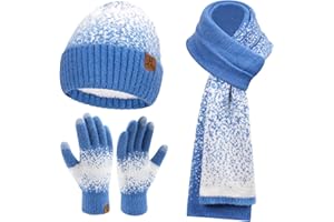 BEQUEMER LADEN Femme Hiver Tricot Bonnet Chapeau Gants Tactiles Longue Echarpe Ensemble avec Doublure en Polaire Chauffants Skull Casquette Gants Foulards