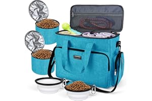 BAGLHER Dog Travel Bag, Pet Travel Bag With 2 Pet Food Containers and 2 Collapsible Silicone Bowls; Essential Kits for Pet Travel Sky Blue