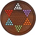 TOOLART Chinese Checkers game set with 12-inch diameter round wooden board and acrylic bead, extra 2 beads of each 6 colours- Brown