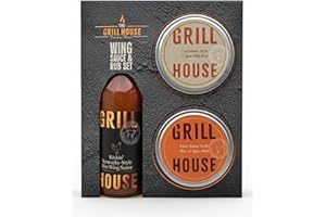 BEAMS INTERNATIONAL The Grill House Wing Sauce & BBQ Rub Gift Set - 140 ml Hot Sauce, 2 x 20 g Fiery Texas & Cajun Spices & Rub Seasoning for Chicken, Beef & Pork Meats - Men's BBQ Gifts, Food Gifts for Men, Christmas