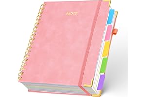 FREBLASO 5 Subject Notebook with Removable Dividers Tabs, 300 Pages Leather Hardcover Spiral Notebook College Ruled, 8"x10" Large B5 Notebooks for Work School, Lined Journal for Women, Pink