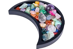 Curawood Crescent Moon Tray for Crystals - Showcase Your & Healing Stones 10'' Black Wooden Crystal Holder Display Storage Rock Case Organizer (MTBL)