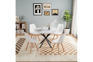 JZGORC Mesa de Comedor con 4 Sillas, Juego de Comedor, Mesa de Comedor Redonda de Madera de 100 * 100 * 75 cm, 4 Sillas con Respaldo Alto, Patas de Madera de Haya, (Imitación mármol + Blanco)