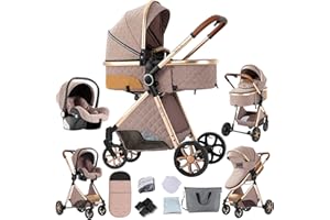 Veitoalioy Poussette 3 en 1, Haute vue Poussette Bebe Pliante, Poussette Poussant Avant Et Arrière En aluminium, Système De Voyage Pour Bébé (V9 Khaki)