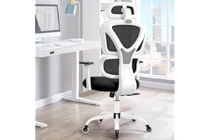 KERDOM Silla de Oficina, Silla de Escritorio Ergonómica, con Reposacabezas Ajustable, Reposabrazos, Soporte Lumbar, Silla Oficina contra el Dolor de Espalda, 150kg/330LB, 9070F Blanco
