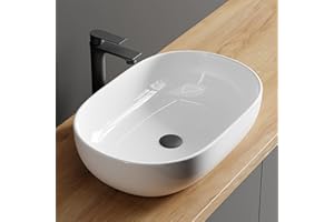 Planetmöbel Aquil Deluxe Lavabo ovalado | Fregadero de encimera para baño y aseo de invitados | Lavabo de mano sin agujero para grifo y desbordamiento | Blanco, 60 x 40 x 15 cm