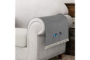 HOKIBERO Light Grey Armchair Cover for Arms Sofa Arm Protector Covers Armrest Slipcover for Recliner Chair Linen Armrest Cover for Living Room Couch Sofa Arm Covers, Set of 2, Tassel Edge with Pockets
