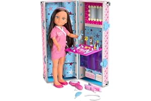 Nancy - Mi maletín de peinados, muñeca con el pelo largo morena, set de peluquería con una plancha de juguete y purpurina para hacer mechas en el pelo, niña y niño 4 años, FAMOSA (700014265)