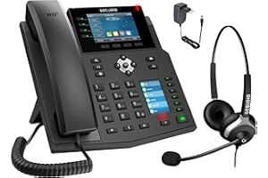 GEQUDIO Téléphone IP GX5+ avec Bloc d'alimentation et Casque Filaire - Compatible Free Pro, SFR Business et SIP VoIP - Kit Mains Libres Premium & 2X écrans Couleur - Guide d'installation PDF