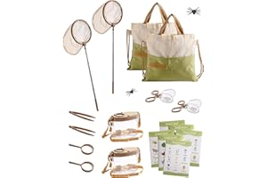 ROBOTIME 2-Set Kids Bug Catching Kit & Explorer Kits Outdoor with Butterfly Net, Insect Box, Magnifying Glass, Tweezer, Clamp, Cards & Carry Bag, Nature Adventure Set, Camping & Backyard Kit for 3-12