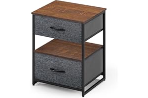 ‎WEEU Nachtschrank mit 2 Schubladen Nachtkommode mit Offenem Fach Nachttisch Groß Beistelltisch Sofatisch Klein Couchtisch Quadratisch für Schlafzimmer Wohnzimmer Stahl+Holz Dunkelgrau+Schwarz