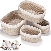 Set 4 Cestini Portaoggetti In Corda Di Cotone | Bianco E Canapa | Impilabili | Per Bagno, Camera E Organizzazione