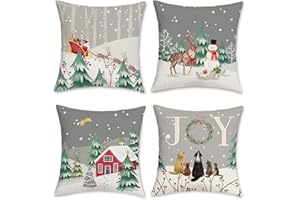 Bonhause Fundas Cojines Navidad Invierno Gris 45 x 45 cm Funda de Almohada Pino Nevado Reno Muñeco de Nieve Poliéster Lino Cojines Decorativos para Sofá Hogar Vacaciones Juego de 4