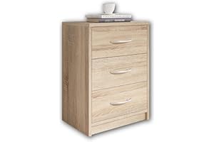 Stella Trading PEPE stolik nocny o wyglądzie dębu Sonoma – prosta szafka nocna z trzema szufladami pasuje do każdego łóżka i sypialni – 39 x 54 x 28 cm (szer. x wys. x gł.)