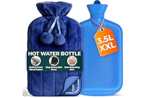 VOLILA 3.5L Hot Water Bottle with Zipper & Hand Pocket – Large Hot Water Bottle with Super-Soft Faux Fur Cover for Soothing Warmth and Elegant Comfort for Cold Nights and Pain Relief– Washable (Blue)
