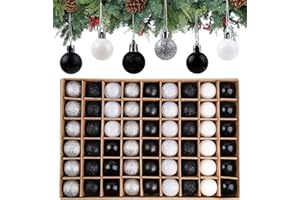 Anstore Zestaw 54 mini bombek na choinkę w kolorach czarny, biały, srebrny, małe bombki choinkowe 3 cm, ozdoby choinkowe z zawieszką, bombki na choinkę do świątecznego zdobienia choinki