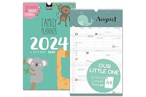 SPIELEFABRIK OUR LITTE ONE: Family calendar 2024 5 columns, KIDS family planner 2024, wall calendar compact 19,5x32,5cm, planner for family 2024, wall planner with sticker: waste, holiday, birthday