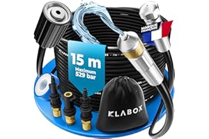 KLABOX Deboucheur Canalisation Haute Pression 15m | Furet Karcher Compatible avec Karcher K2-K7, Lavor, Bosch, Parkside et d'Autres Marques | Inclut 3 Adaptateurs, 2 Buses, 1 Sac et 1 Ruban Téflon