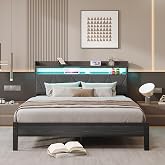 HAHRIR 140 x 200 cm Bed Frame with Wooden Upholstered Headboard with Two Shelves, Charging Base, LED Lights, Sturdy Metal Bed