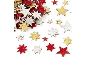 BOFUNX 138pcs Confetis Estrellas Adornos Navidad de Madera Mini Adornos Navideños con Purpurinas para Decoración Navideña Mesa Regalos para Nochevieja Boda Cumpleaños DIY Manualidades