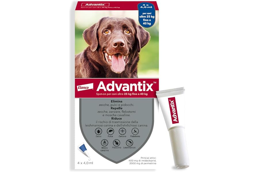 Advantix® Spot-on antiparassitario per Cani da 25 kg a 40 Kg, 4 pipette da 4,0 ml. Elimina zecche, pulci, pidocchi in casa. P