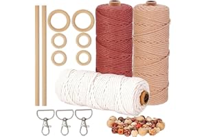 HanCheng 60 m x 3 mm Filo Macrame Set di 3,Colorata Corda Macrame Kit con 40 Perline Legno, 6 Cerchio Legno,2 Bastoncini Legno,3 Portachiavi (Beige,Bordeaux,Rosa Scuro)
