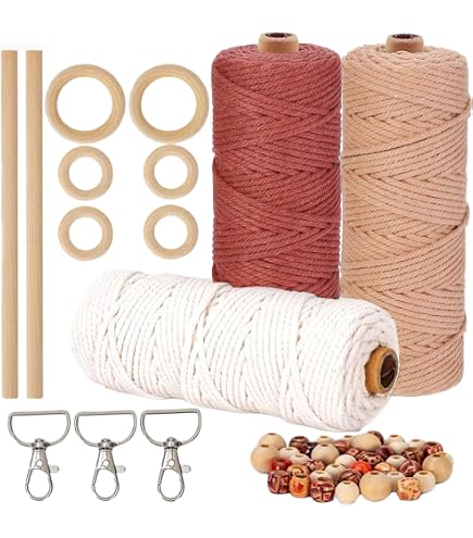 CoKeeSun Kit Macramè 3 Rotoli | Corda Cotone 2mm X 60m + Accessori (Anelli, Perline, Portachiavi) | Fai Da Te