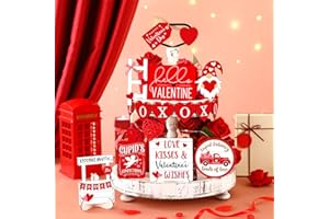 Pickmesh 21 Pcs Valentine's Day Tiered Tray Decor Set Wood Valentine's Day Table Decor with LED String Light Rustic Farmhouse Valentines Day Decorations Heart Wooden Tabletop Signs for Home (Classic)