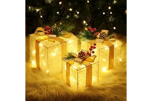 Quntis Luces de Cajas de Regalo de Decoración Navideña para Árbol de Navidad/Escaparate Hogar, Juego de 3 Cajas de Luz Decoración de Interiores, 60 LEDs Cajas de Iluminación Navideña para Exteriores