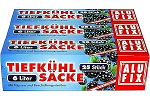 ‎ALUFIX ALUFIX 3erPack Gefrierbeutel, Tiefkühlbeutel mit Klipsen und Beschriftungsstreifen, 28 x 45 cm, 6 Liter, 75 Stück