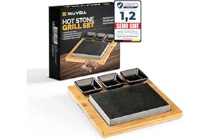 Muvell Hot Stone - Steak Stein - Heiße Steinplatte aus Granitstein mit Bambus Holzbrett & 3 Beilageschälchen Dipschalen Saucen-Schälchen (Schwarz)