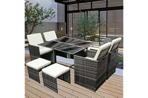 GadgetHaven Garden Furniture,rattan garden furniture with Waterproof Cushions, Tempered Glass Table & Storage Cover - Space Saving Design for Poolside/Garden 6141-B (Dark Grey with beige cushion)