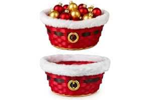 ADEPTNA Set of 2 Santa Bamboo Baskets – Festive Red Woven Storage Bowls with Faux Fur Trim & Gold Buckle – Christmas Basket for Snacks, Sweets, Hampers & Decorations