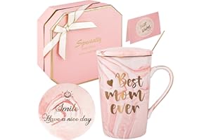DONGSHANGIFT Kubek dla najlepszej mamy wszech czasów, prezent urodzinowy dla mamy, zabawny różowy zestaw prezentowy, prezent na Dzień Matki, ceramiczny, marmurkowy, filiżanka do kawy z pokrywką, złota łyżeczka i