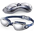 Aegend Swim Goggles, Swimming Goggles No Leaking Full Protection Adult Men Women Youth, Bright Sliver With Blue Strap