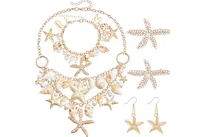 Alaxciax Frauen Meerjungfrau Kostüm Schmuck Set, Meerjungfrau Kostüm Zubehör Seestern Muschel Halskette Armband Perlen Seestern Haarspange Ohrringe Strandschmuck für Karneval