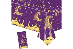 YAAVAAW 137*274cm Purple Gold Eid Ramadan Table Cloth,Large Ramadan Mubarak Decoration TableCloths,Moon⋆ Tablecover Plastic Tablecloth for Eid Umrah Mubarak Decorations Islam Muslim Party Supplies