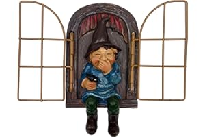 NIWWIN Gnomo Jardín Resina-Gnomo Sentado, Gorro Puntiagudo, Ropa Colorida, con pájaro – en Estructura Ventana Madera, jardín y terraza, decoración Bosque