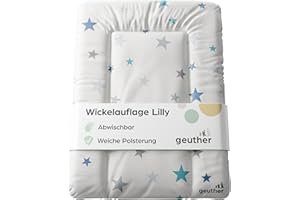 Geuther Wickelauflage abwaschbar 52x75 cm | Wickelunterlage Lilly für Wickelregal Clarissa & andere | Sicher dank erhöhtem Rand & Kopfschutz | Wickeltischauflage | Design Sterne Blau-Grau