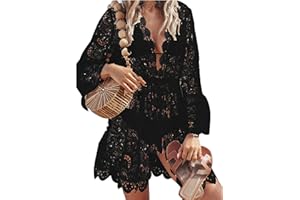 YILEEGOO Women Lace Floral Bikini Cover Ups V Neck Hollow Out Swimwear Tunic Beach Dress Summer Beachwear